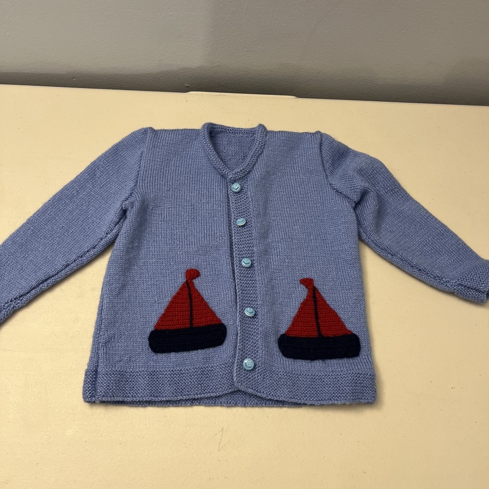 Handmade? Blue Knit Boys Sweater With Boats 3T Smile Buttons